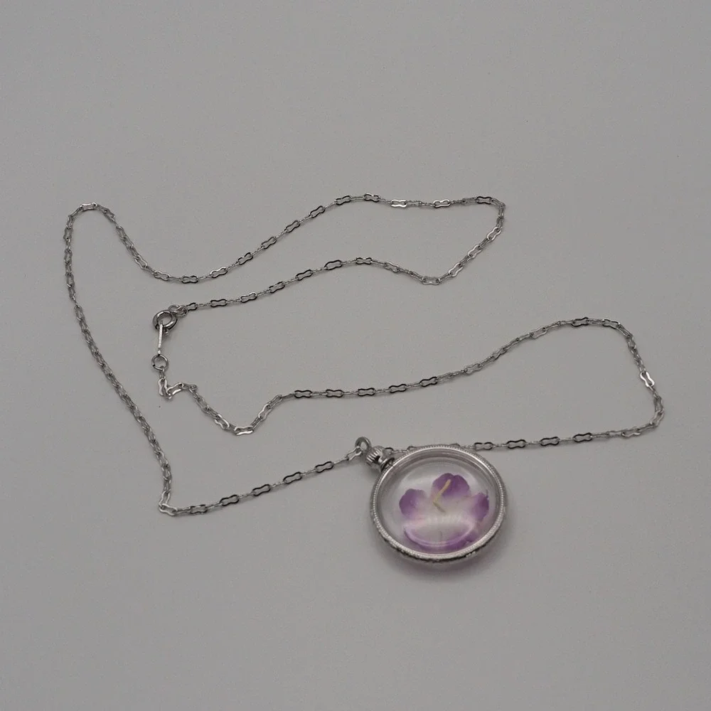 Vintage Avon Necklace Purple Flower Collectors Locket Pendant Silver Tone Chain